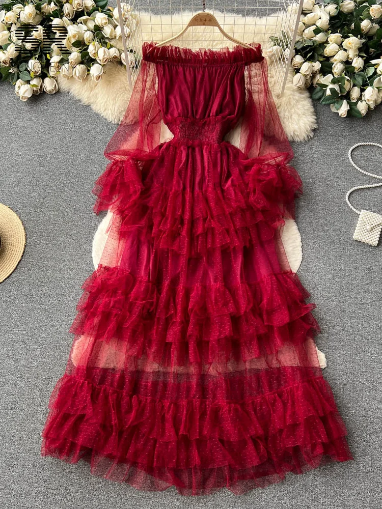 SINGREINY Mesh Party Long Dress Women Ruffle Long Sleeve Slash Neck Elastic  Waist French Ladies Summer Elegant A Line Dresses - AliExpress 200000345