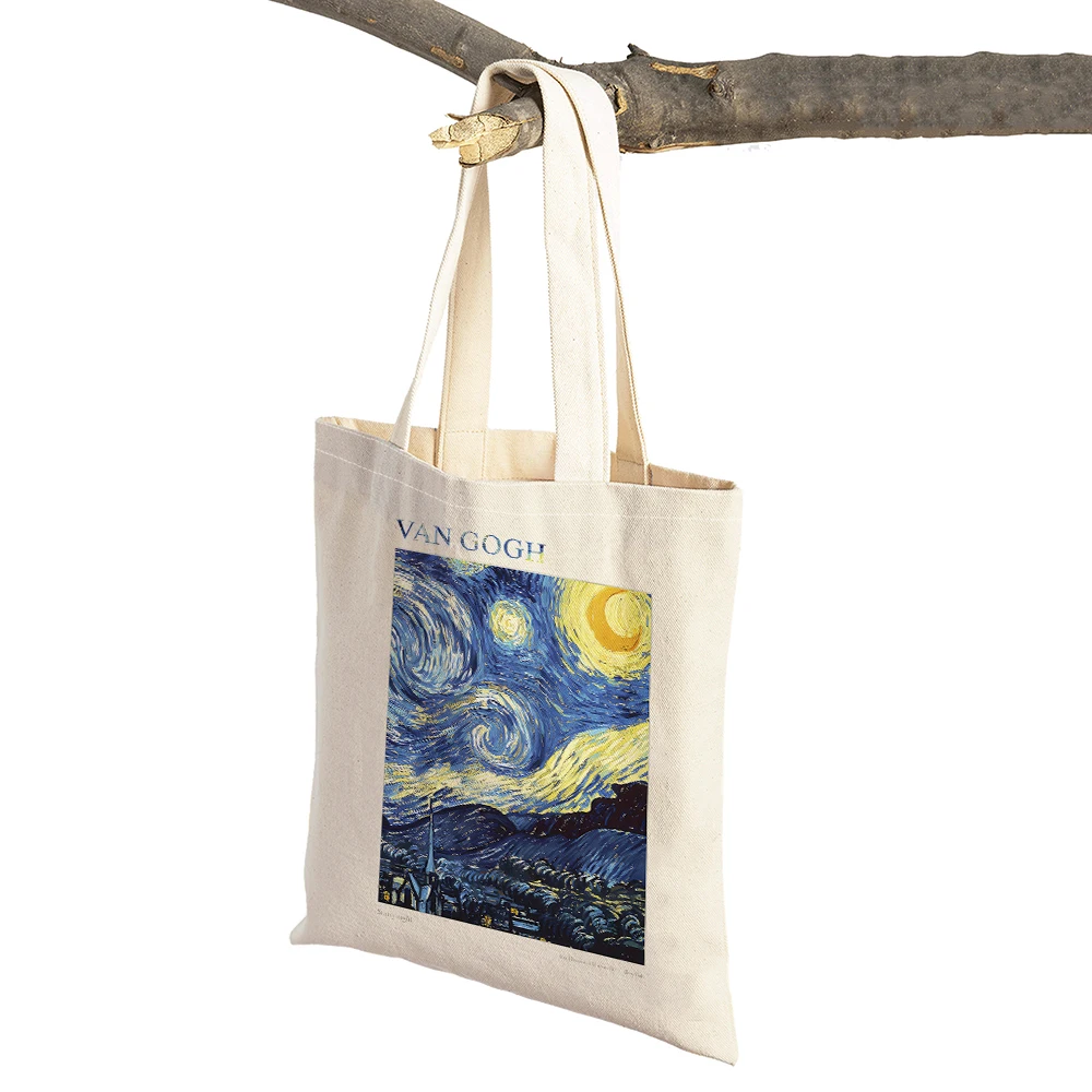 Van Gogh Almond Blossom Iris Starry Night Lady Shopping Bag Double Print Geometric Eco Women Shopper Bags Casual Tote Handbags