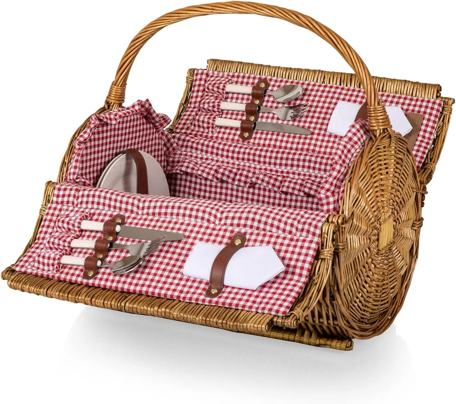 Romantic English Style Rounded Wicker Picnic Basket For Two, Hand Woven Barrel Shaped Wooden Picnic Suitcase With Complete Dining Service, Red And White Gingham Pattern