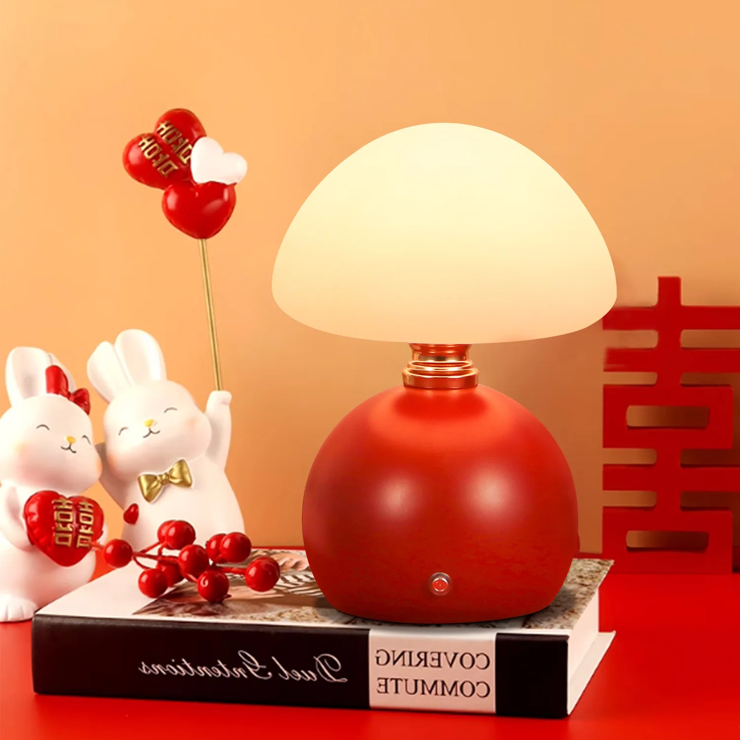 Desk lamp, bedroom bedside lamp, small night light, wedding room, wedding red mushroom light, dimmable tri color ambient light