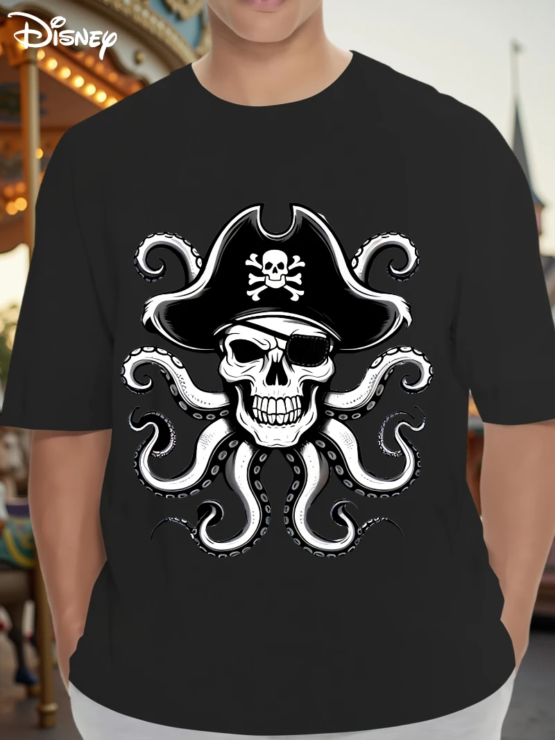 

Летняя мужская футболка Disney Pirate с Микки Маусом — черно-белый череп и скрещенные кости, флаг счастливого Роджера, дизайн осьминога