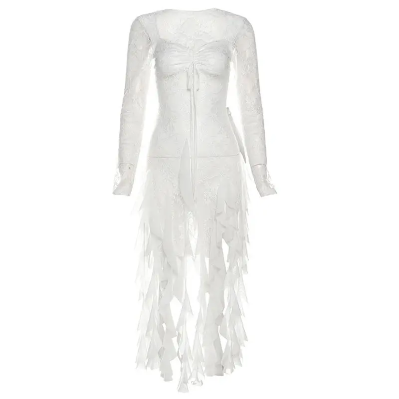 Sexy spice girl T-shirt gauze lace perspective ruffled tassel top 2025 spring and summer fashion street style women's clothing