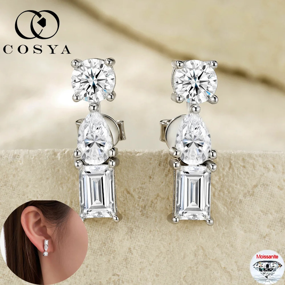

COSYA Серьги с муассанитом груши/изумрудной огранки 3cttw для женщин, 100% серебро S925 D VVS1 Lab Diamond Ear Stud Party, ювелирные украшения