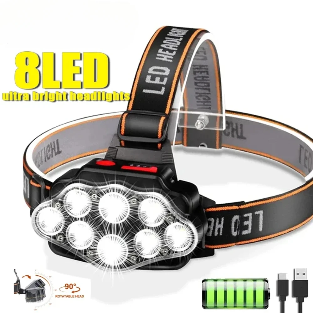 USB Rechargeable Headlight High Lumen Bright Head Lamp with 8 LED 4 Mode IPX4 Waterproof Head Flashlight