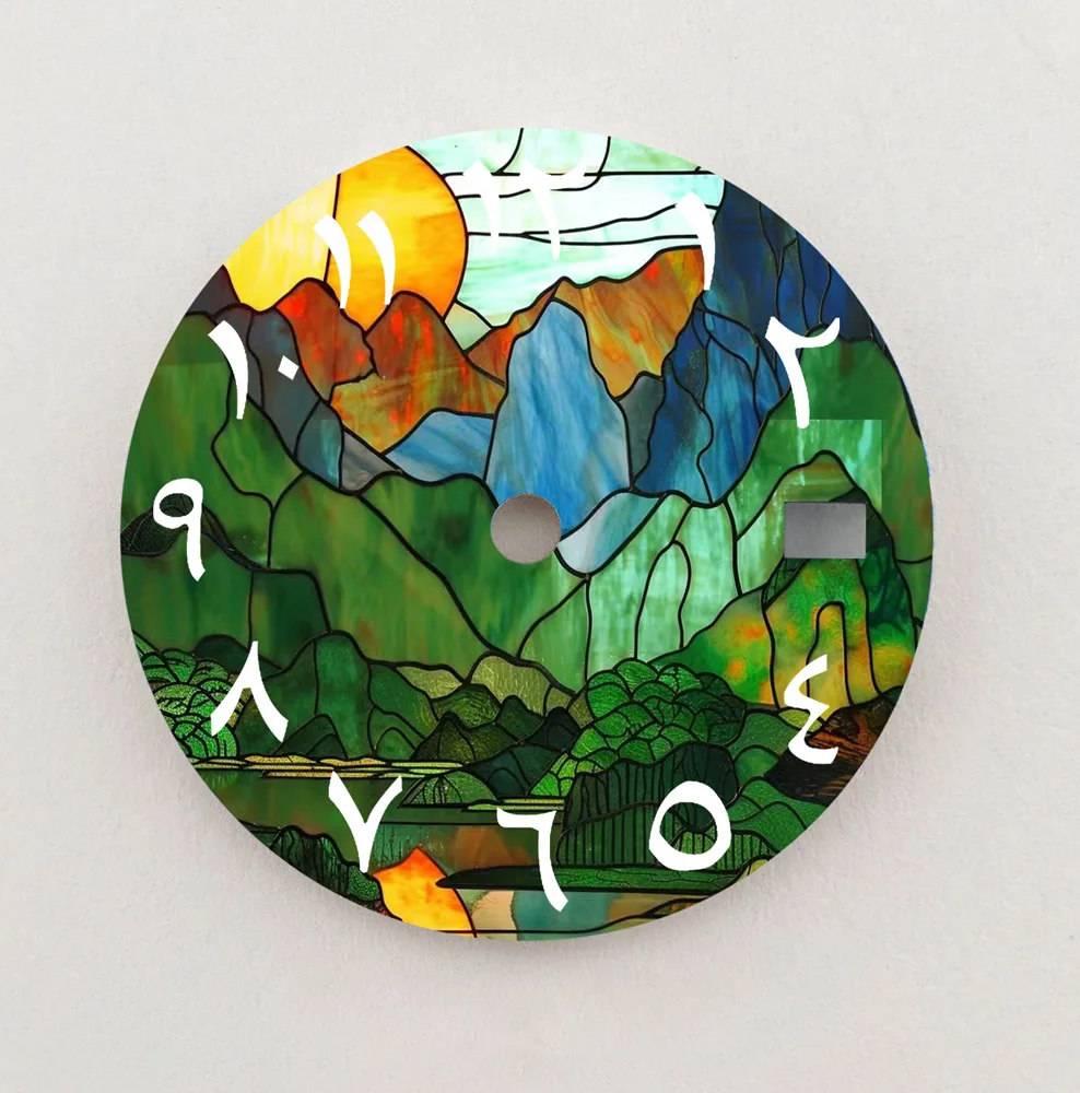 NH35 Dial 28.5 มม.ภูมิทัศน์ปริศนาSeriesตัวเลขอาหรับDial NH36 DialคุณภาพสูงDialโลโก้ที่กําหนดเองFit NH35/36 การเคลื่อนไหว