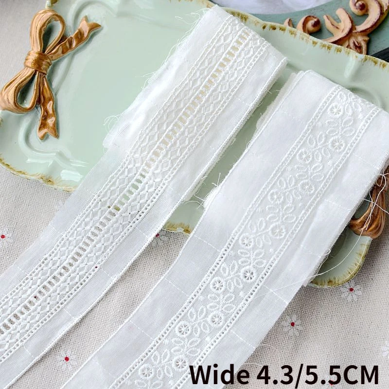 4.3CM/5.5CM Wide White Cotton Cloth Floral Embroidered Lace Fabric Fringe Ribbon Edge Trim Dress Collar DIY Sewing Guipure Decor