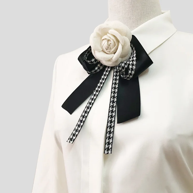 

Fashion Korean Xiaoxiangfeng Mountain Camellia Brooch Tie Women's Shirt Thousand Bird Grid Bow Flowers Collar Flower Accessories