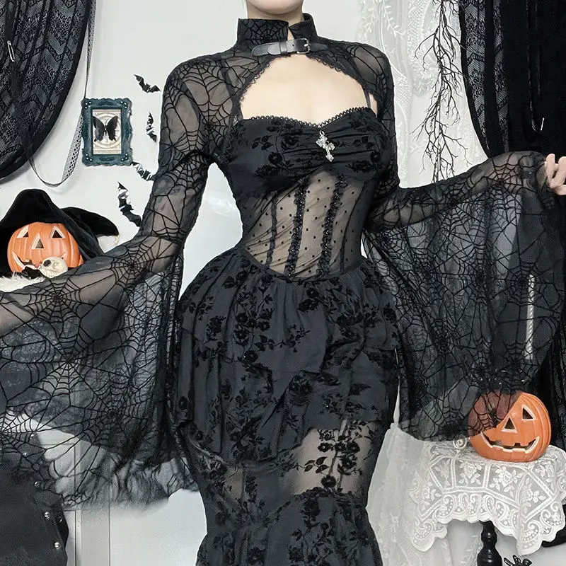 

Vintage Spider Web Smock Shirts Spring Autumn Dark Gothic Flare Long Sleeve Female Clothing Stand Collar Halloween Short Blouse