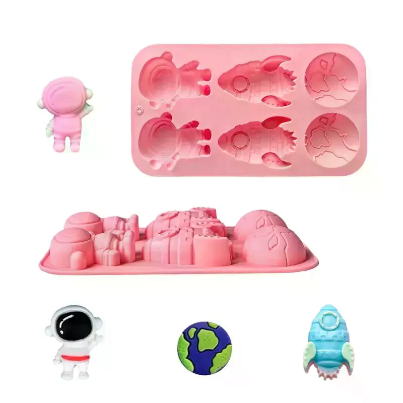 Space Theme Silicone Cake Mold 6-Chamber 3D Astronaut Rocket Earth Candy Cake Decoration