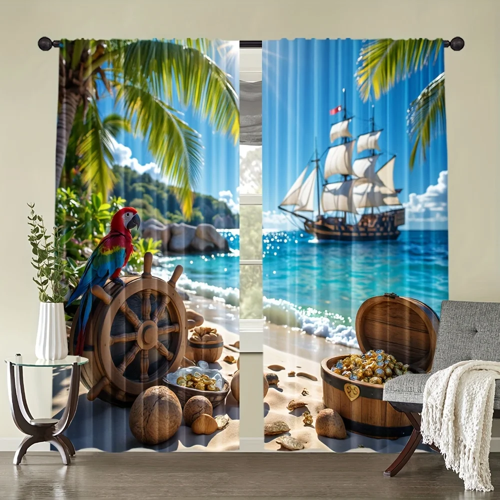 2pcs Pirate Treasure Beach Curtains Blackout Drapes for Kids Room Nautical Decor Parrot Ship Print Window Treatment Panels