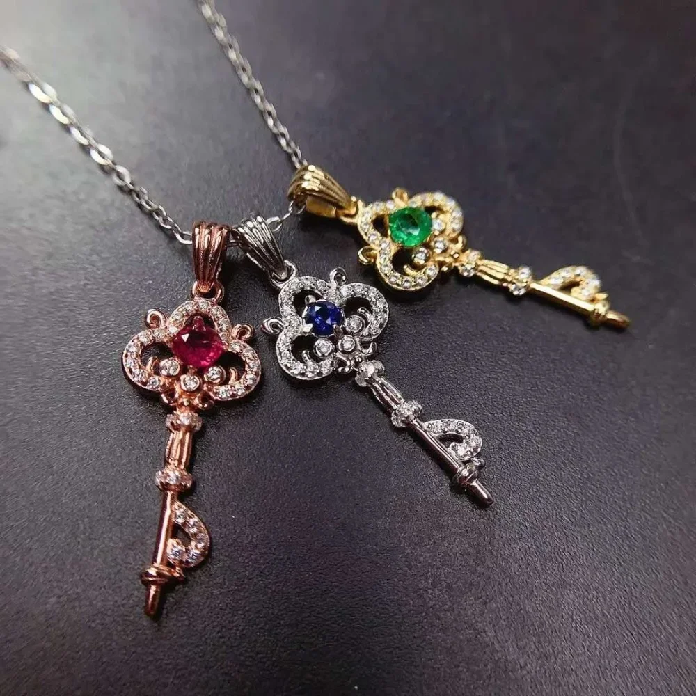 Natural Ruby / Emerald / Sapphire Gem Key Pendant Necklace S925 Fine Fashion Wedding Jewelry for Women Free Shipping