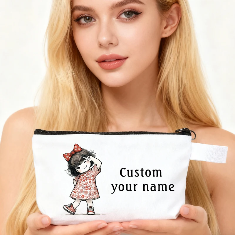 

Custom Name Makeup Bag Cute Girl Pattern Travel Practical Accessories Canvas Pouch Pencil Cases Multifunction Organizers