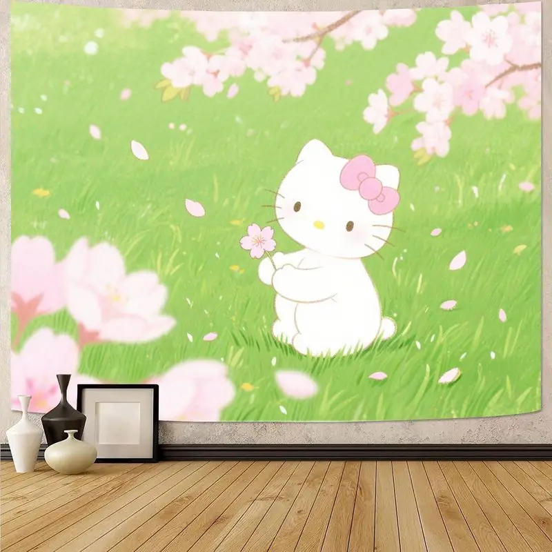 1 STÜCK Sanrio Hello Kitty Rosa Kirschblüten-Wandteppich, Kawaii Green Field Wandkunst für Wohnzimmer, Schlafzimmer, Wohnheim, Dekoration und Geschenke