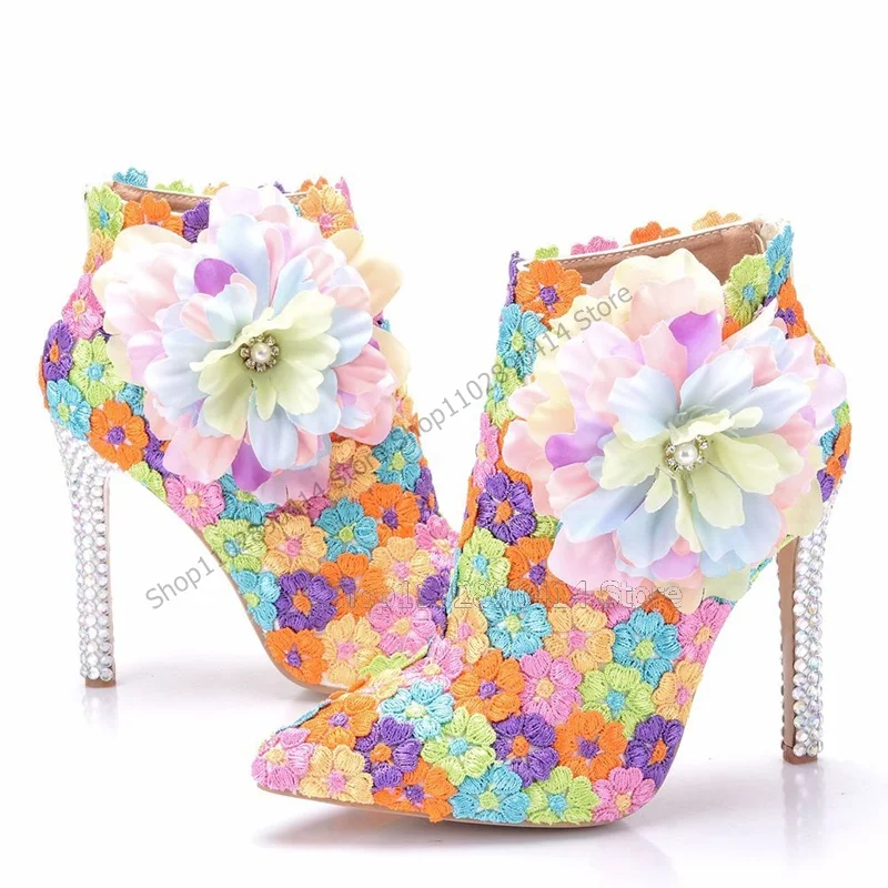 

Colorful Flower Appliques Pointed Toe Ankle Boots Back Zipper Women Shoes Thin High Heels Novel Fashion 2023 Zapatos Para Mujere