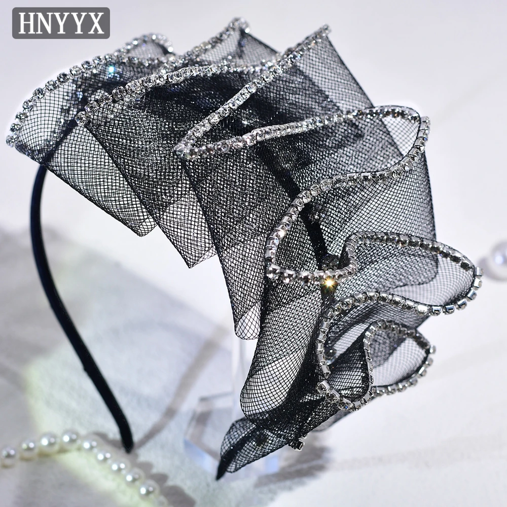 HNYYX Fashion Crystal Mesh Hair Hoop Bow Wave Rhinestone Black Narrow Hair Piece Party Wedding Bridal Hair Accessories A156