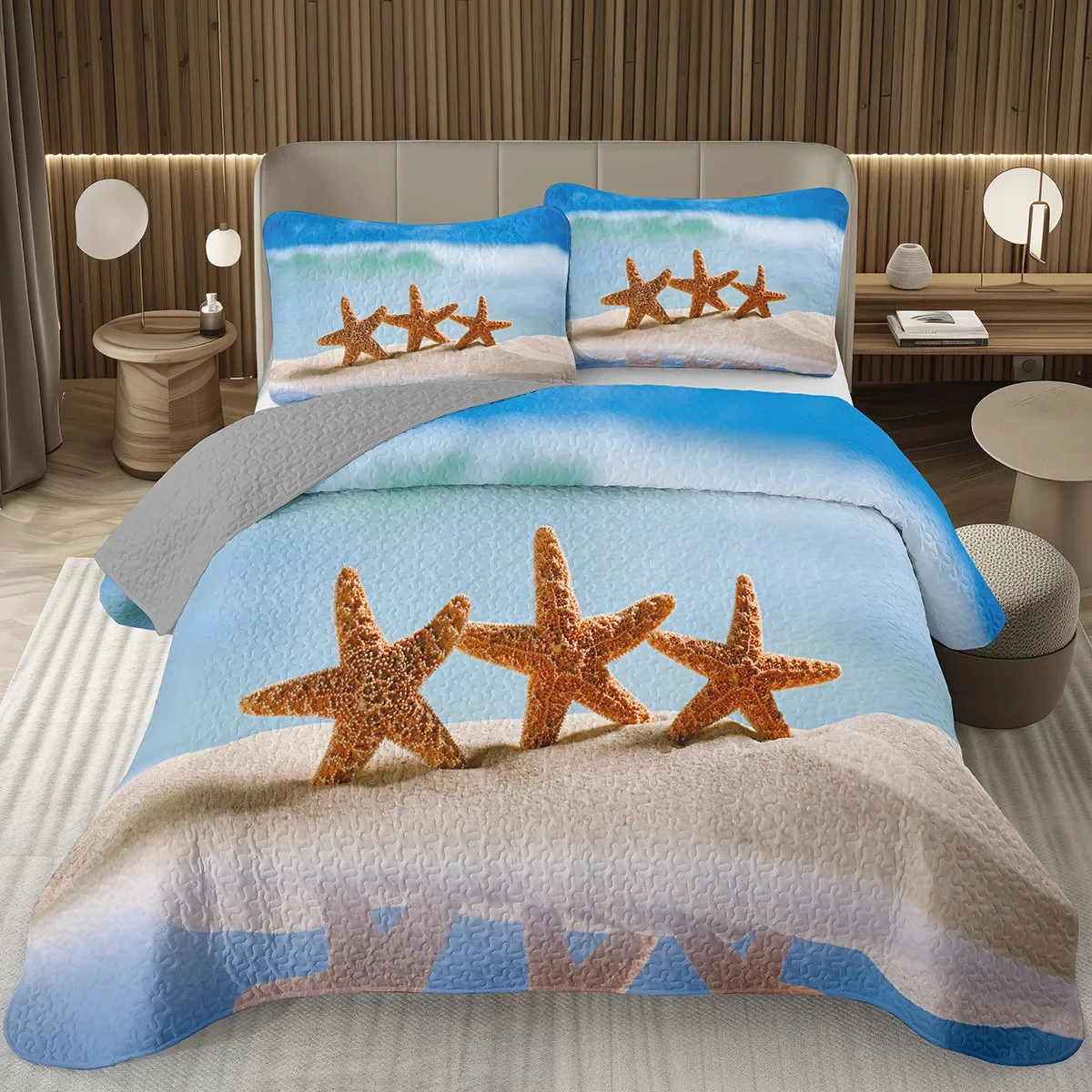 

Starfish Quilt Set Summer Tropical Ocean Beach Landscape Bedspread Set Queen Twin King,Marine Life Coverlet Set Room Home Decor