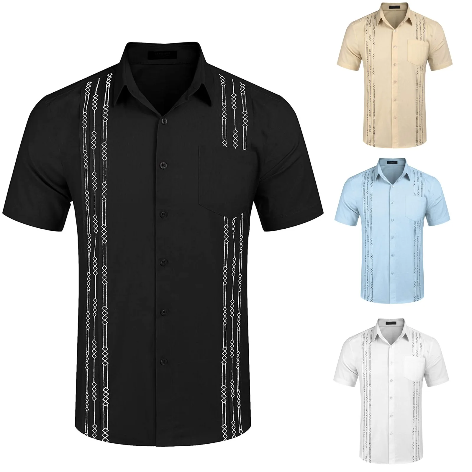 Men\'s Short Sleeve Linen Shirt Cuban Beach Tops Pocket Guayabera Shirts