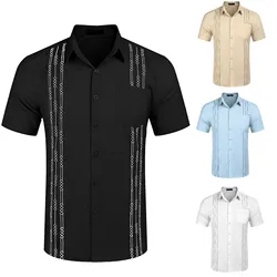 Men's Short Sleeve Linen Shirt Cuban Beach Tops Pocket Guayabera Shirts