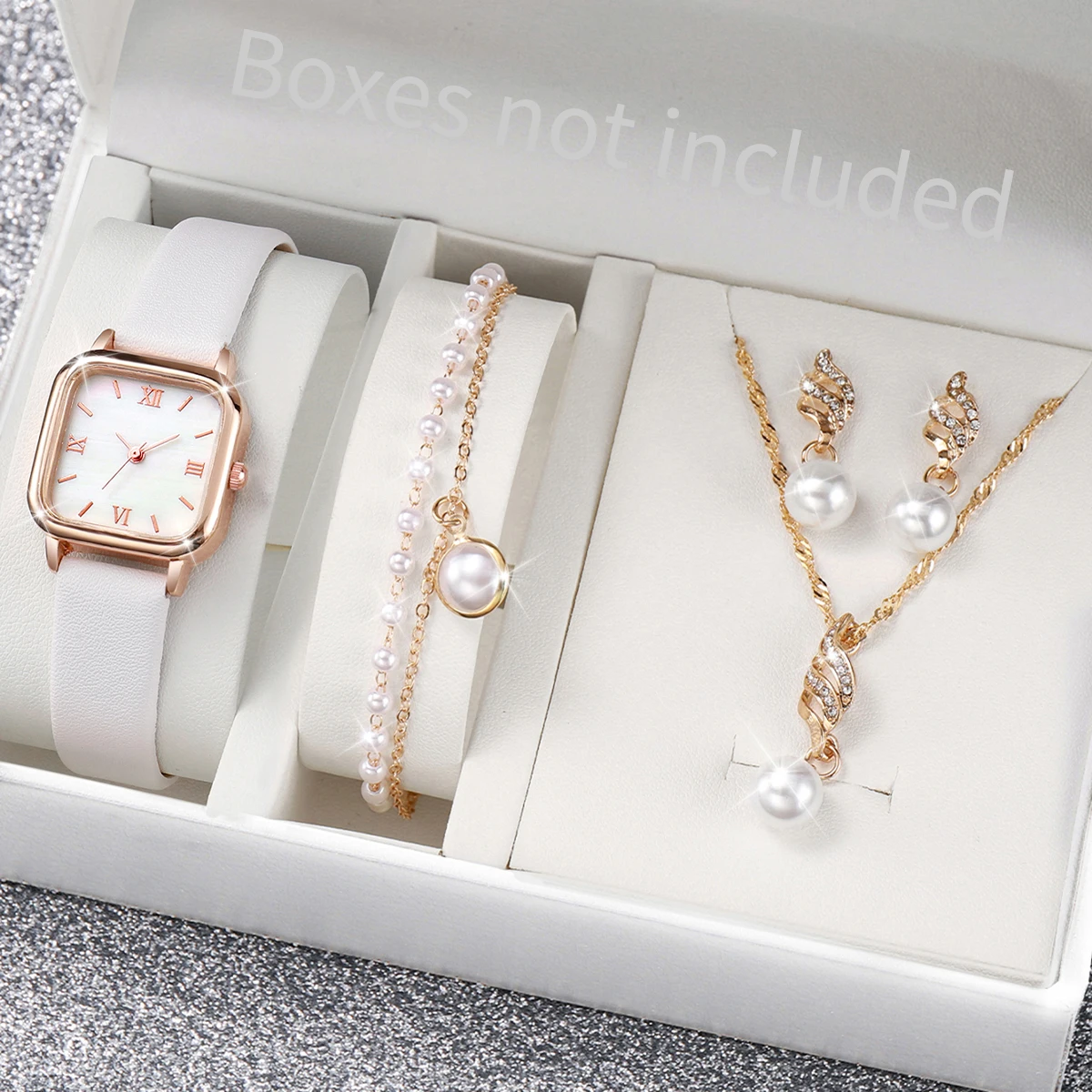 5PCS/Set Fashion Square Women\'s Quartz Watch Leather Band Watches Pearls Jewelry Set（Without Box）