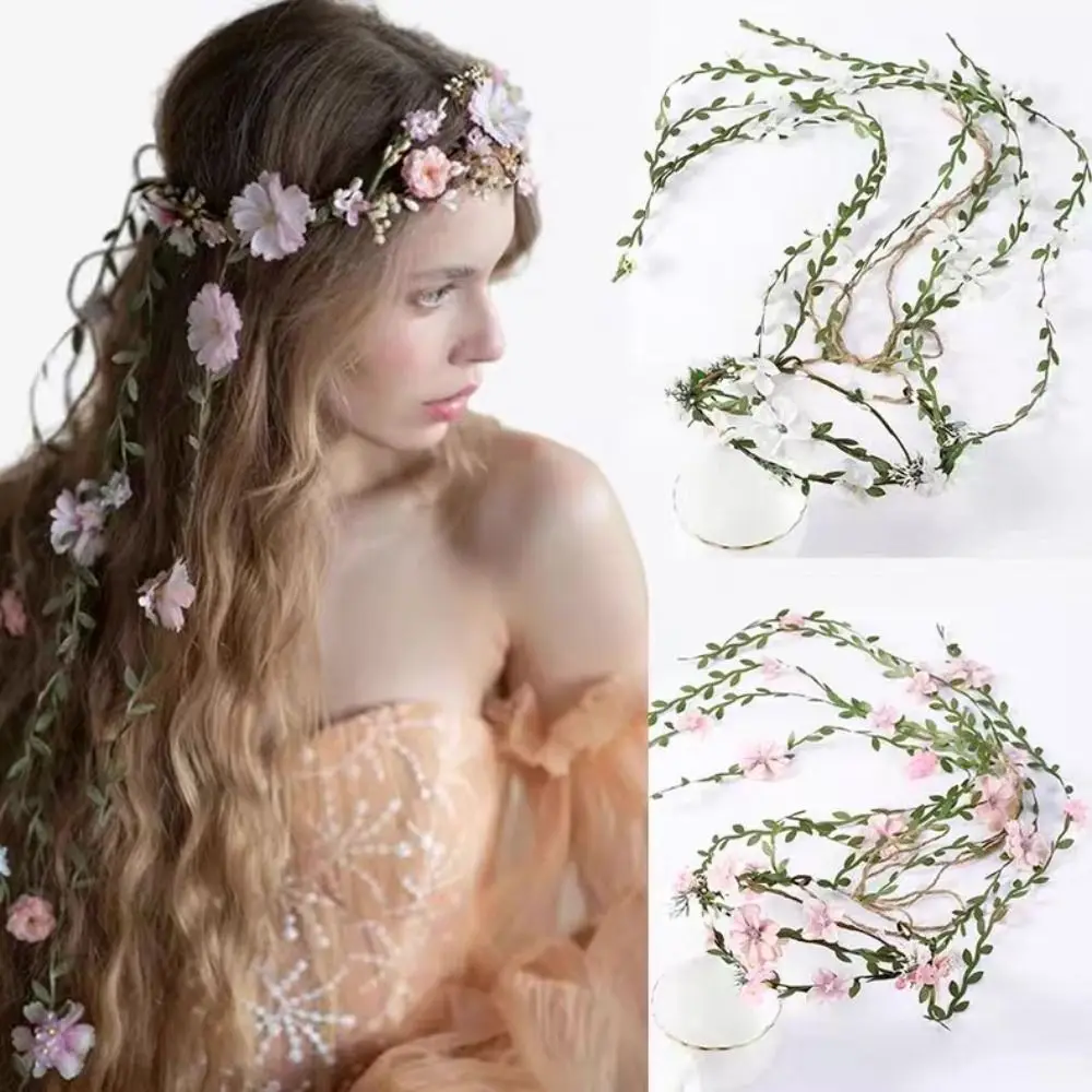 

Модная белая цветочная гирлянда с имитацией цветка, богемный цветок, повязка на голову, розовая длинная кисточка, свадебная корона для девочек