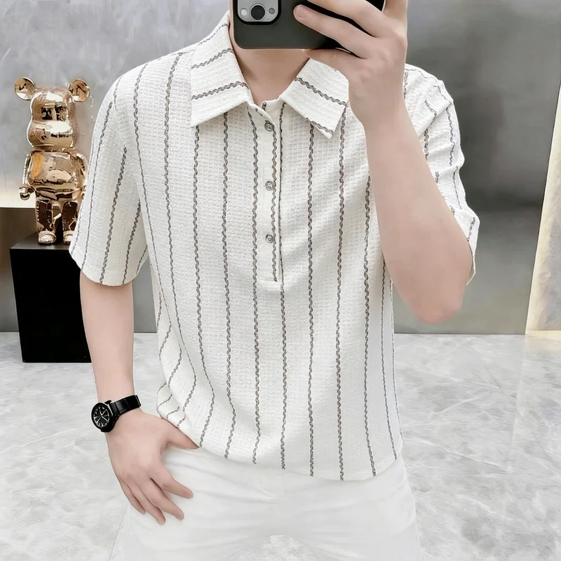 2026 Summer New Style Men's Old Money Style Striped Short-Sleeved Polo Shirt with Collar T-Shirt - American Retro, Breathable, V — купить у AliExpress WW