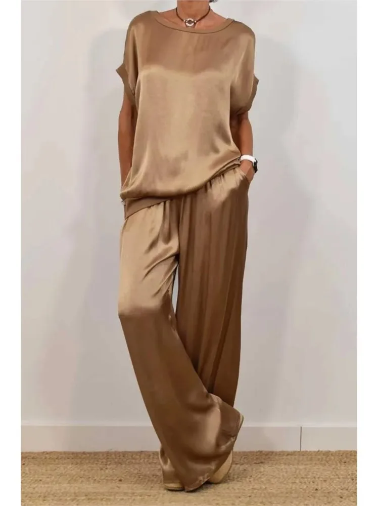 Spring Summer Fashion Solid Smooth Satin Two Piece Sets New Women's O-neck Short Sleeve Top + Wide Leg Pant Casual Loose Set image 3