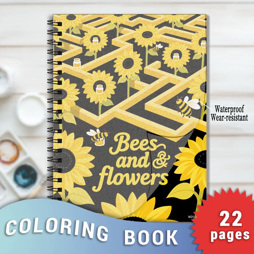 Bees and Flowers Adult Coloring Book - 8.3x11.2 inches Stress relief coloring book 22 pages of art therapy illustrations to reli