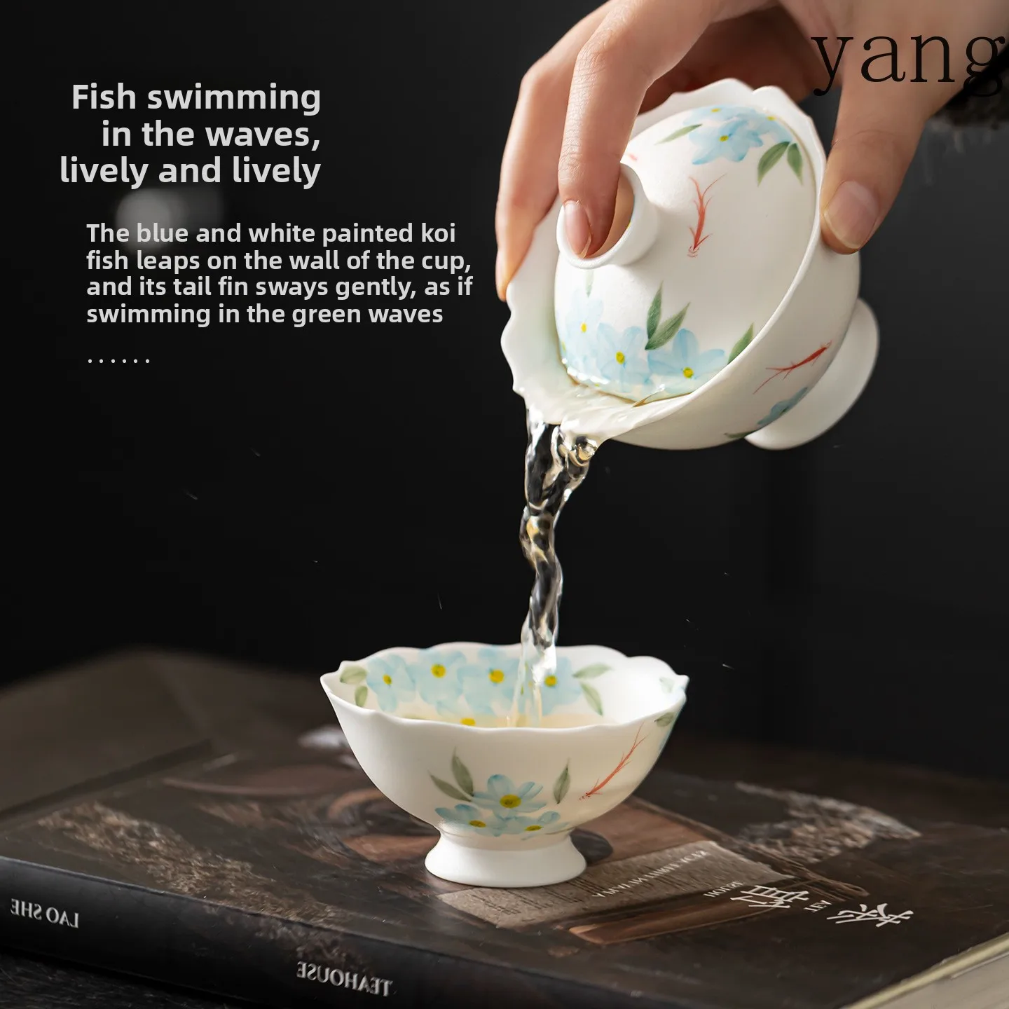 YJQ white hand-painted flower shadow swimming fish flower mouth cover bowl ceramic tea bowl for home use