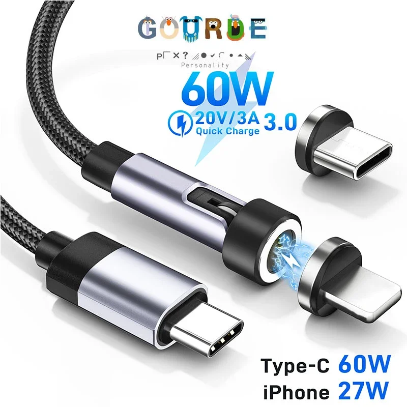 

Gourde 60W Magnetic Charger Cable 3A PD USB C To Type C Cable for iPhone 16 15 14 13 11 PM Macbook Fast Charging Samsung S22