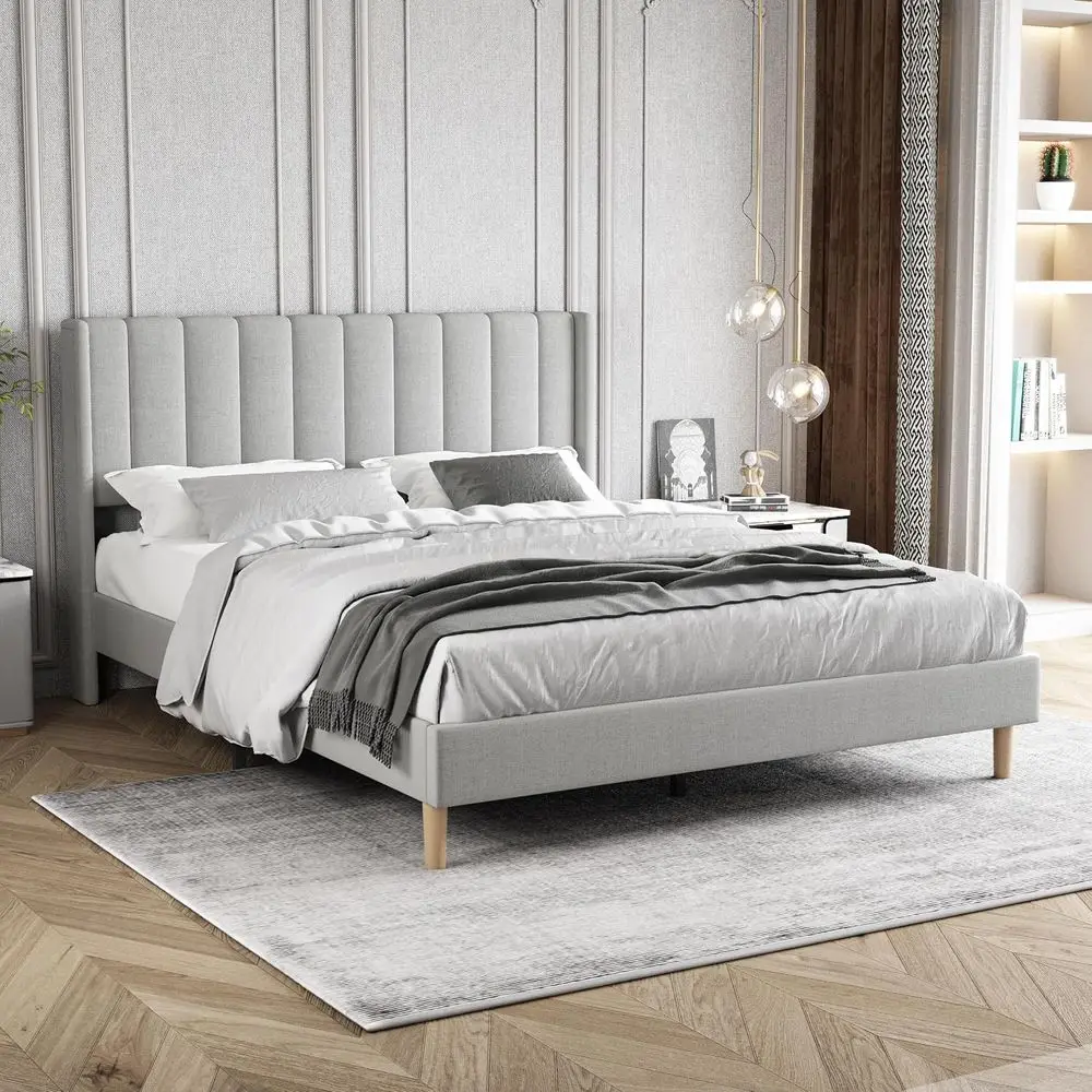 Queen Size Bed e with board, ern Upholstered Linen Platorm Bed, Heavy Duty Wooden Slats Support, No Box Spring Needed, Noise-ree