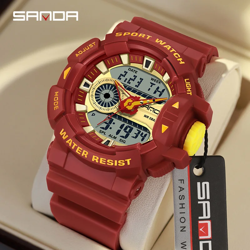 SANDA  Dazzling Brand Dual Display Watch Waterproof Sport Military Stopwatch Calendar Luminous Watch Quartz Electronic Watch