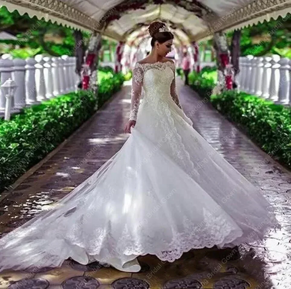 Maßgeschneiderte schulterfreie Applikationen, Spitze, 2024, transparente lange Ärmel, Brautkleid in Übergröße, Hofzug, Brautkleider, Vestidos