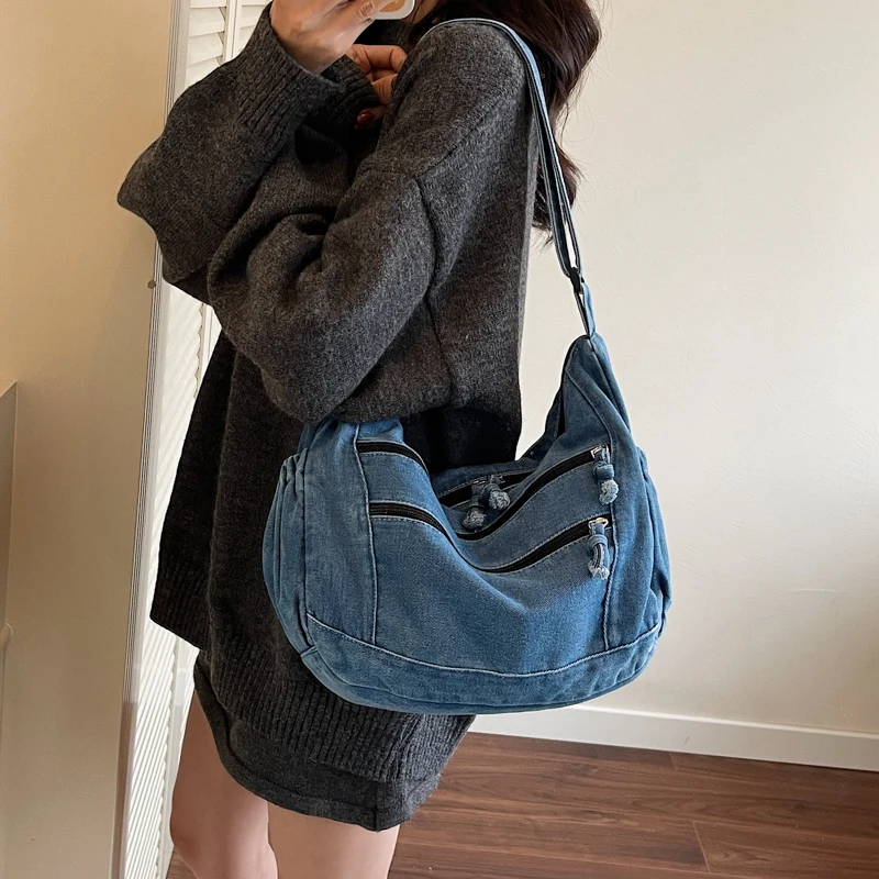 

Women Handbags Soft Tote Bag Casual Crossbody Bags for Girls Fashion Denim Multi-Pockets Shoulder Bag Female Hobos Phone Pack