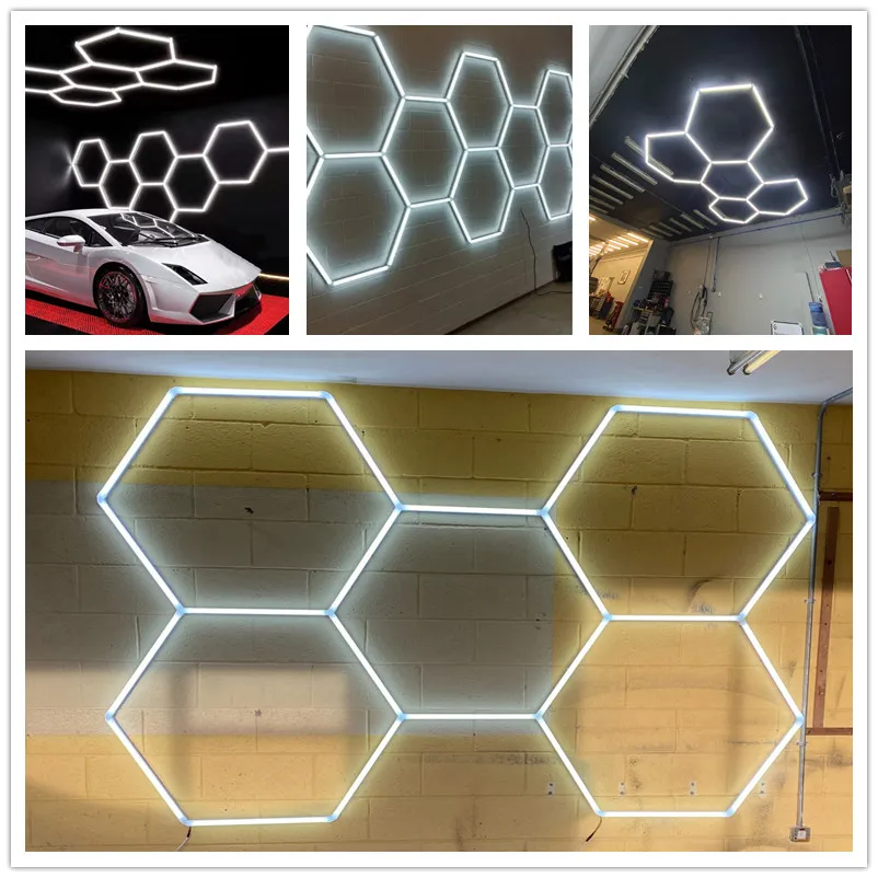 Customized Dimmable Hexagonal LED Garage Light Honeycomb Lamp for Barber Shop Gym Auto Repair Workshop Ceiling Detail Lighting