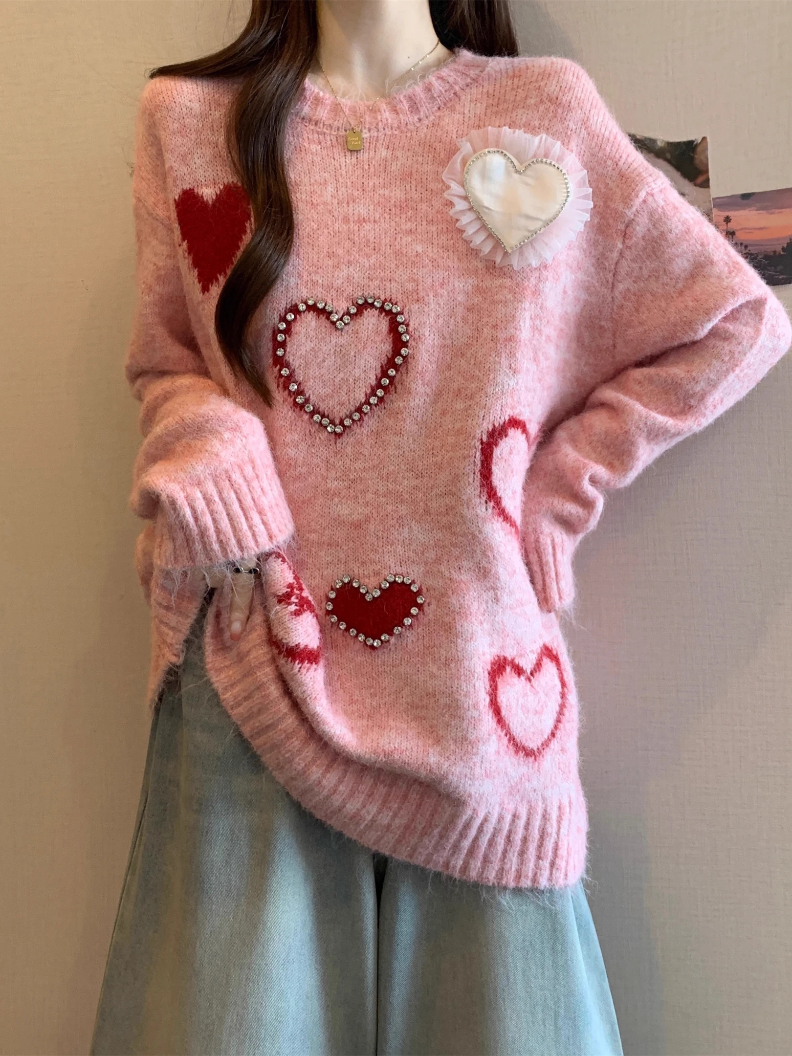 

New Autumn 3D Diamond Heart Soft Pink Pullover Sweater Women's Vintage O-neck Ruffles Loose Long Sleeve Gray Knitted Coats Tops