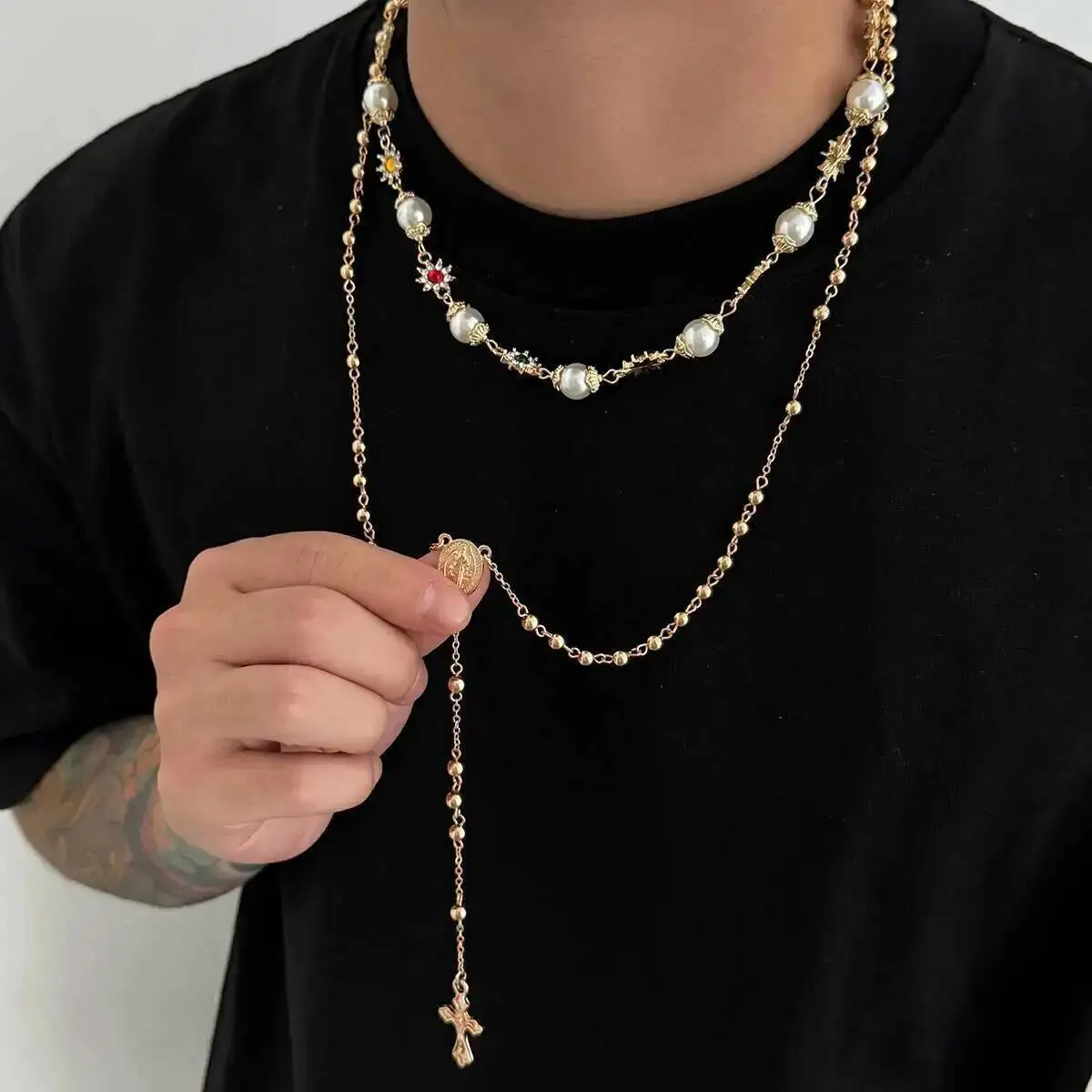 

2Pcs/set Trendy Charm Acrylic Drill Chain Jesus Cross Pendant Necklace Men Collar Vintage Clavicle Chain Party Jewelry Gifts