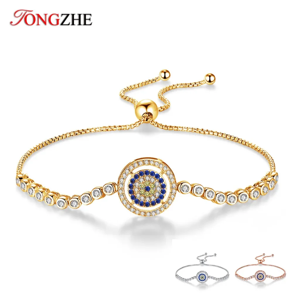 TONGZHE Charm Bead Bracelet 2018 Fashion 925 Sterling Silver Round Blue Evil Eye CZ Tennis Bracelets For Women Rose Gold Jewelry