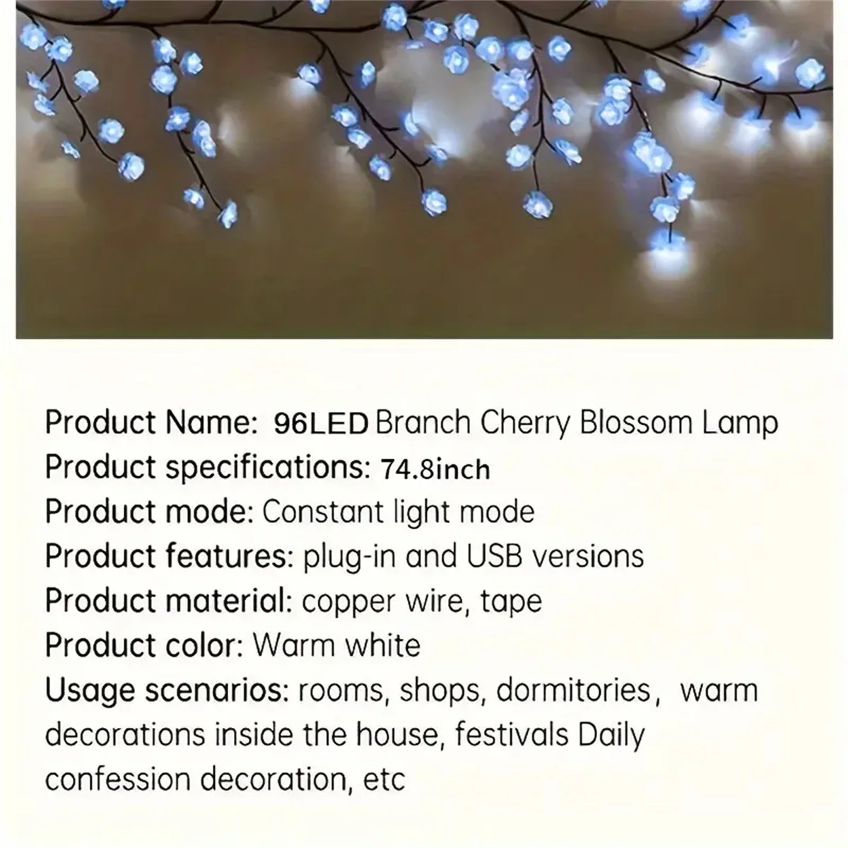 96 Led USB Cherry Blossom Light String Artificial Flower Tree Branch Rattan Lights 8 Modes For Party Home Christmas Decoration