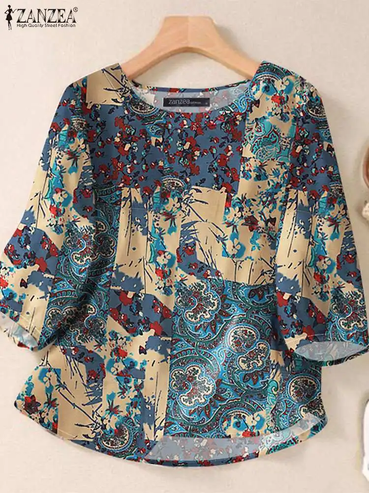 ZANZEA Casual 3/4 Sleeve Printed Cotton Blouses Women Vintage O Neck Blusas Mujer Elegant Daily Shirts Autumn 2024 Tunic Tops