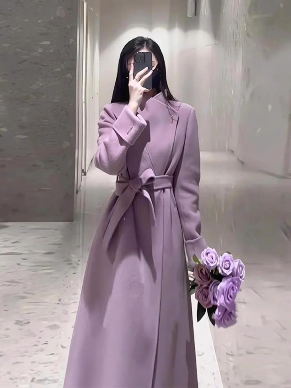 

Ele Belted Mid-Length Woolen Coat Women's Faion Korean Sle Autumn Winter New Arrival Warm Thiened Straight Cut Coat