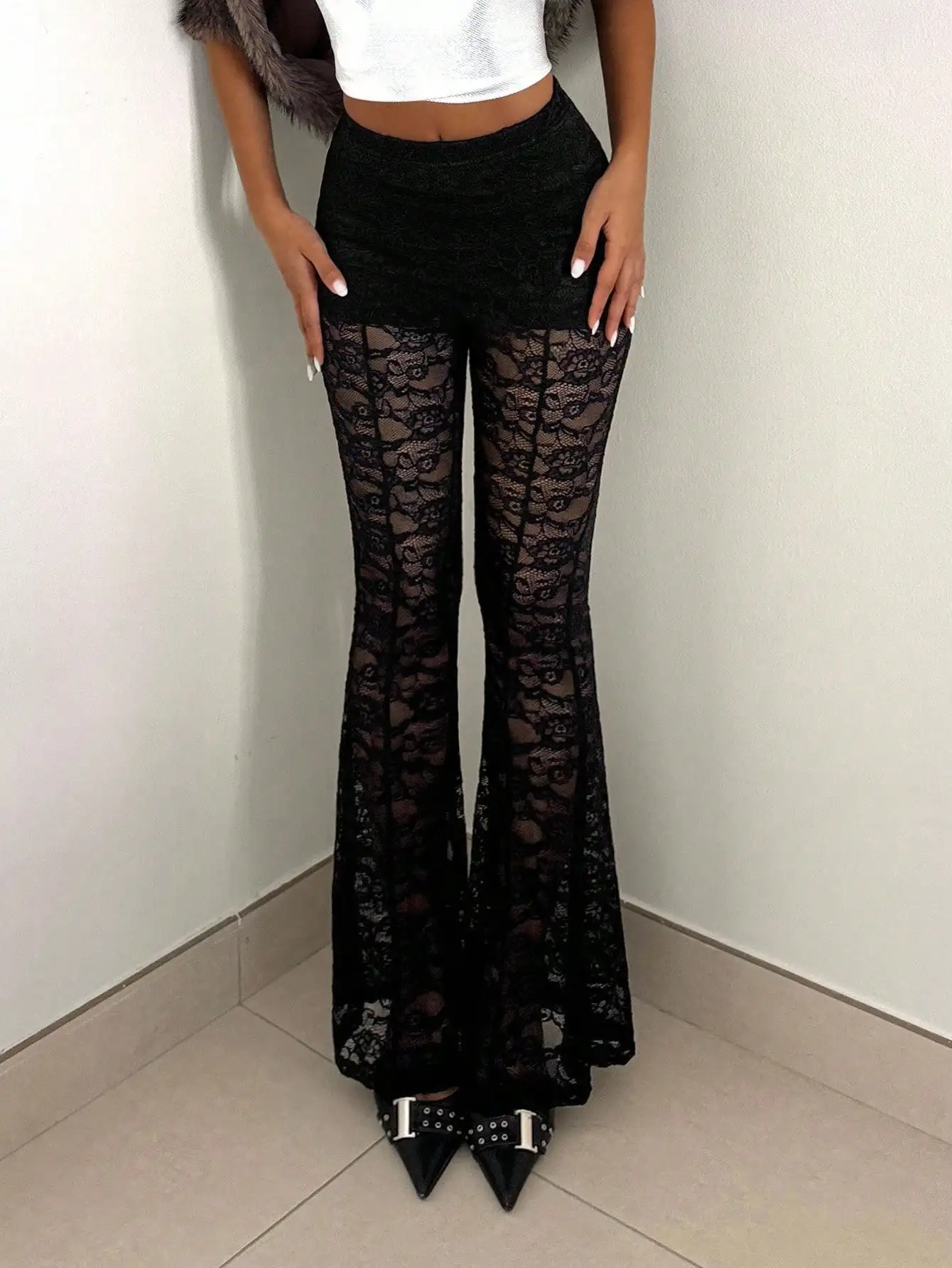 Lace Flared Pants, Y2K Party Autumn Winter, Elegant Sexy Wide Leg Trousers for Women