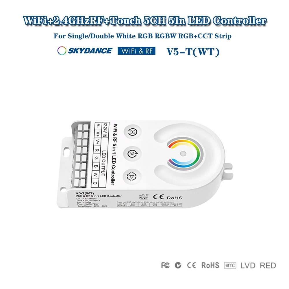 Skydance V5-T(WT) DC12-24V WiFi+2.4GHzRF+Touch button 5in1 Smart Tuya Controller For Single/Double White RGB RGBW RGB+CCT Strip