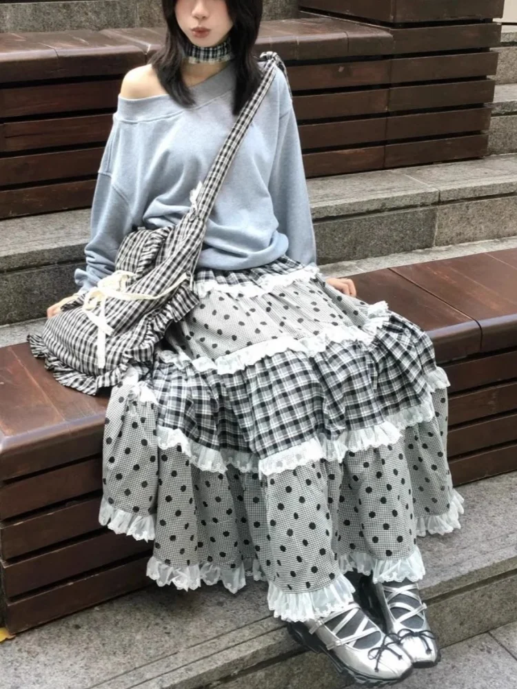 Japanese Polka Dot Tiered Skirt Long Skirts White Lace Patchwork Sweet Y2k Skirt Grunge E-girls 2000s Punk Dress Kawaii Clothes