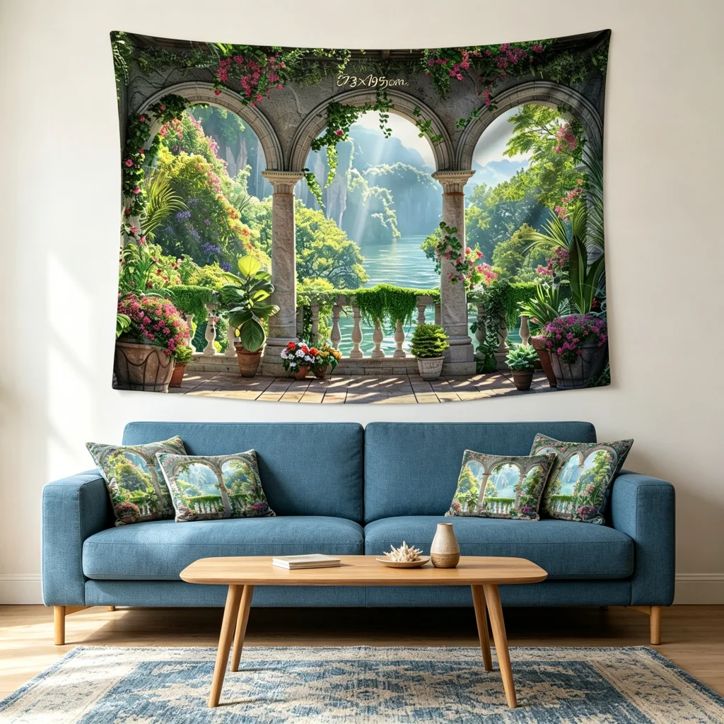 1PC Stone Arch Ocean View Print Backdrop Banner, Bedroom Living Room Photo Background, Polyester, Home Decor, Wall Art