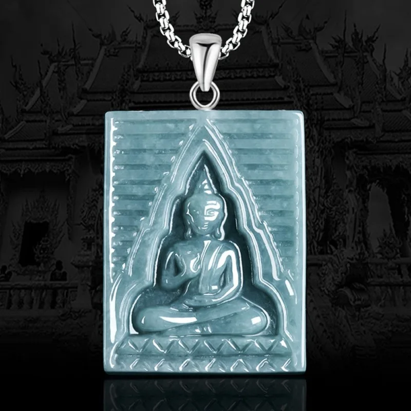 

Real Natural Grade A Jade Jadeite Men Women Lucky Triangle Buddha Oblong Pendant