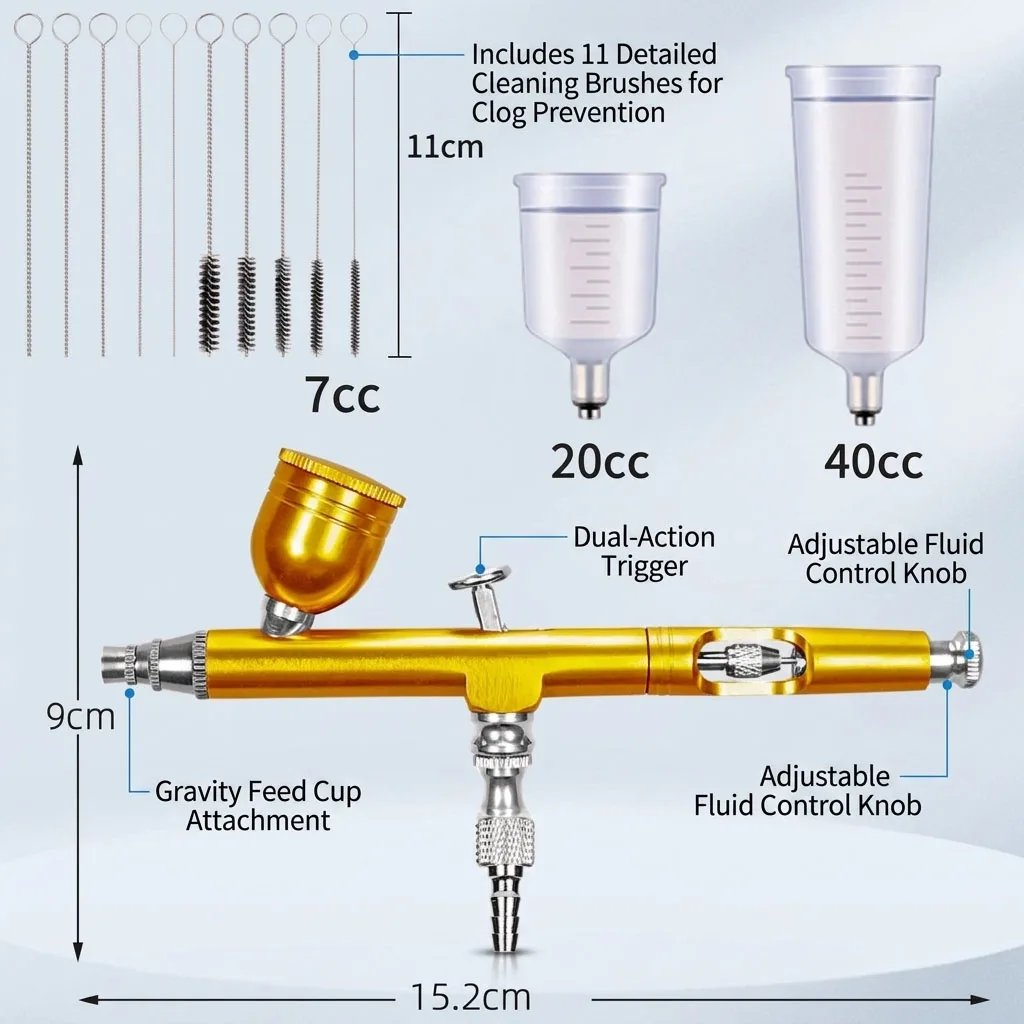 Airbrush Kit, Dual-Action Gravity Air Brush Gun with 3 Nozzle Sets, Aluminum Spray Gun for Makeup Nail Art Painting Model