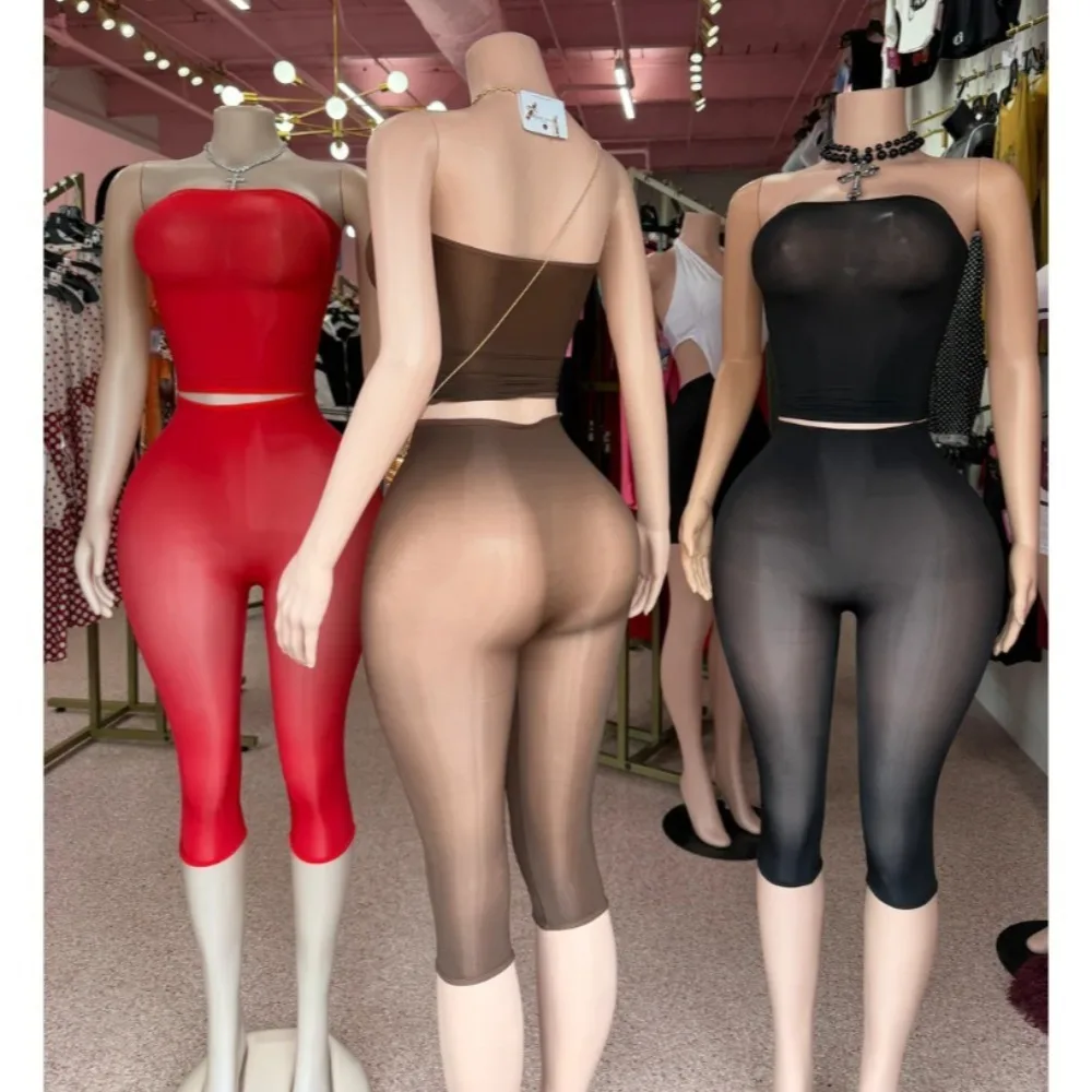 STYLISH LADY See Through Mesh Sexy 2 Piece Set Women Strapless Crop Top and High Waist Capri Pant 2026 Summer Club Party Outfits