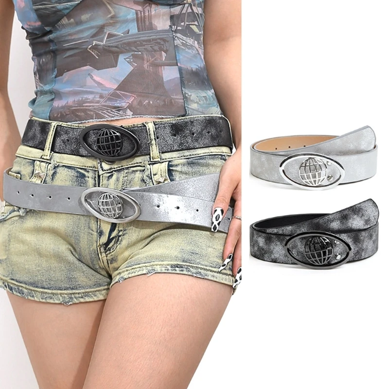 X6HE Jeans Waist Belts with Earth/Star Buckle Gray/Silver Adjustable Waist Belt Y2k Style Woman Dresses Skirt Coat Waistband