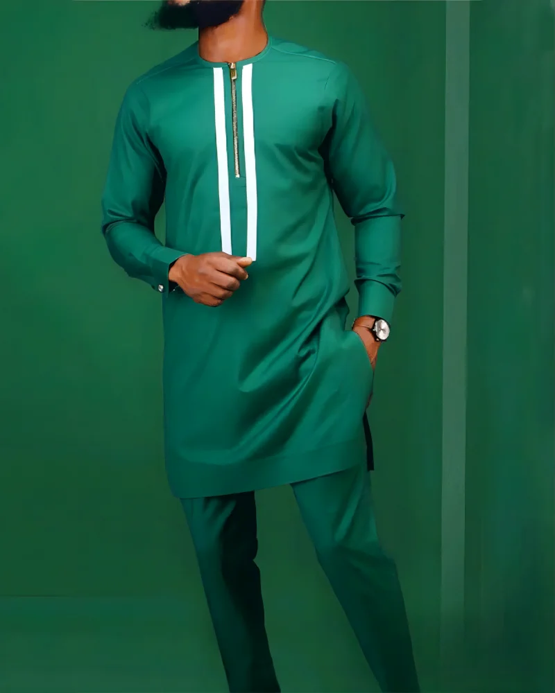 African Ethnic Style Men's Clothing Personality Zipper Top Pants Suit Comfortable Casual Slim-Fit Play Banquet Sports Green Suit