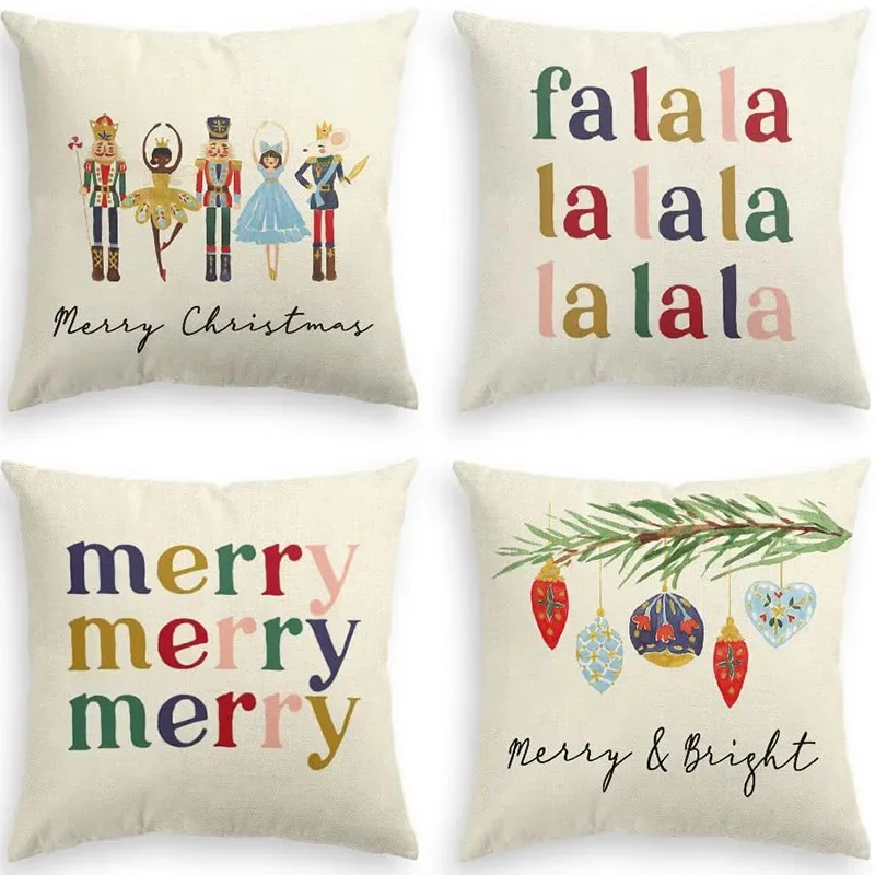 Merry Christmas Decor Cushion Cover 45x45 cm Pillow CaseCartoon Reindeer Santa Claus Printed Throw Pillowcase Linen Pillow Cover
